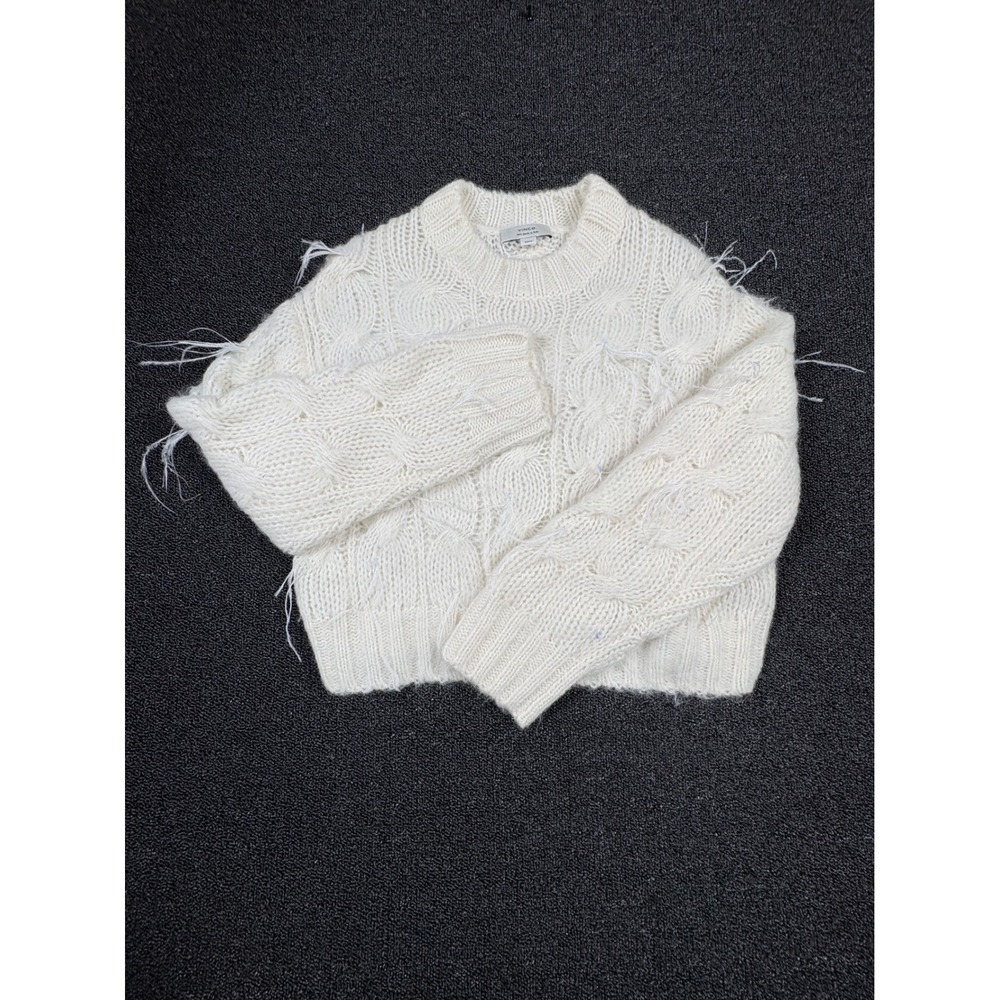 Vince Ostrich Feather Fringe Cable Knit Sweater Women's XS Alpaca Blend Ivory